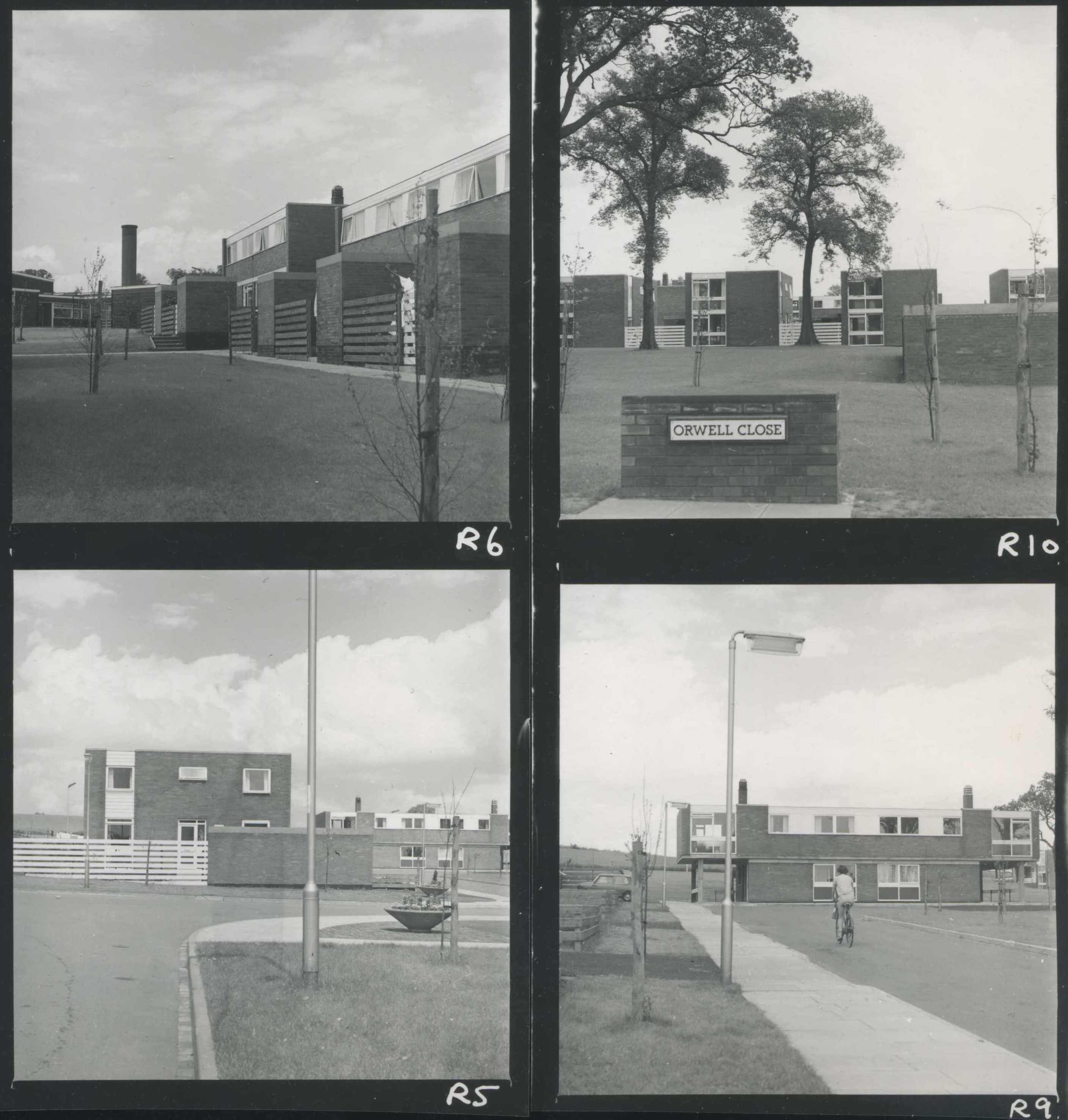 Architecture. Four black and white, square photographs show blocky buildings and horizontal fencing. The top right image has a sign reading “Orwell Close”. In the bottom right image, a person bicycles away from us. 